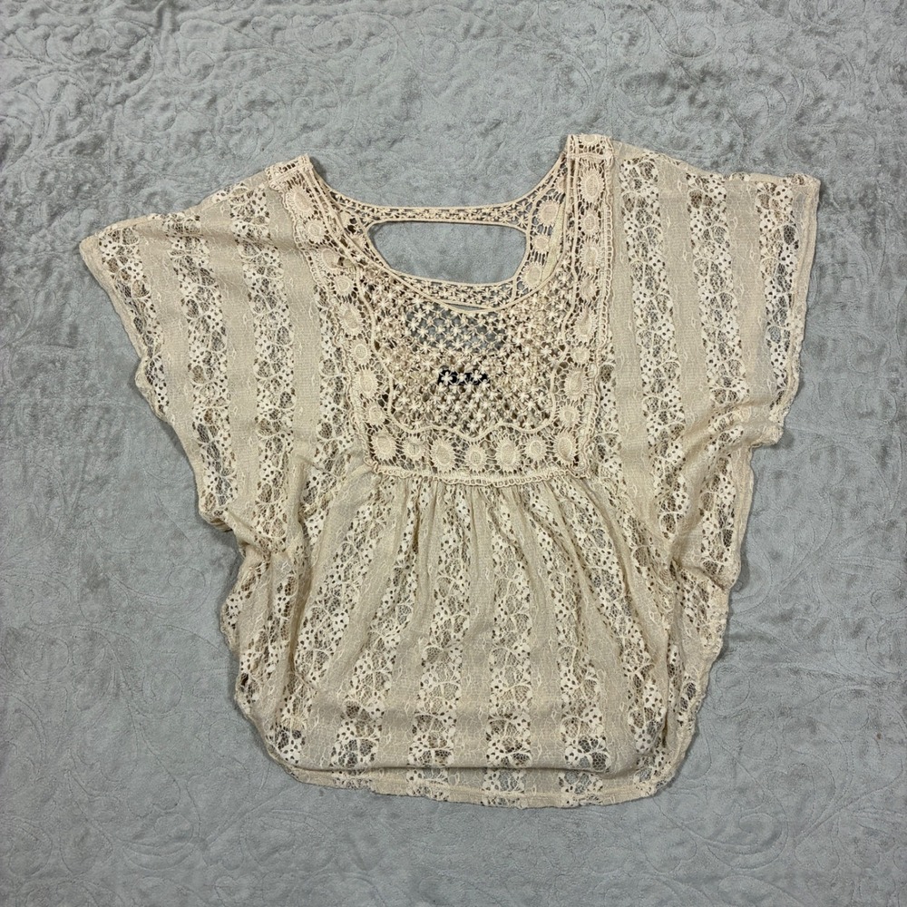 Deb Boho Floral Lace Crochet Top Size M Cream Festival Beachy Fairy Sheer Y2K